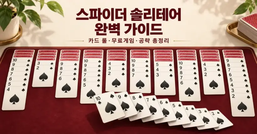 버건디색 매트 위에 열 개의 카드 열과 부채꼴로 펼친 스페이드 카드가 놓이고 ‘스파이더 솔리테어 완벽 가이드’라는 제목이 표시된 이미지.