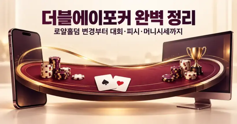 더블에이포커 완벽 정리라는 제목 아래 스마트폰과 컴퓨터를 잇는 홀덤 테이블에 카드, 포커 칩, 대회 트로피를 배치한 대표 이미지.